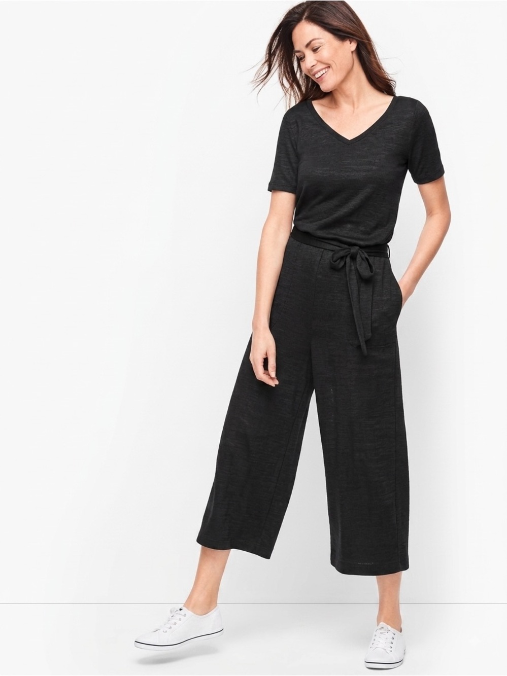 T by Talbots Marled Jersey Cropped Charcoal Heather Jumpsuit with Tie